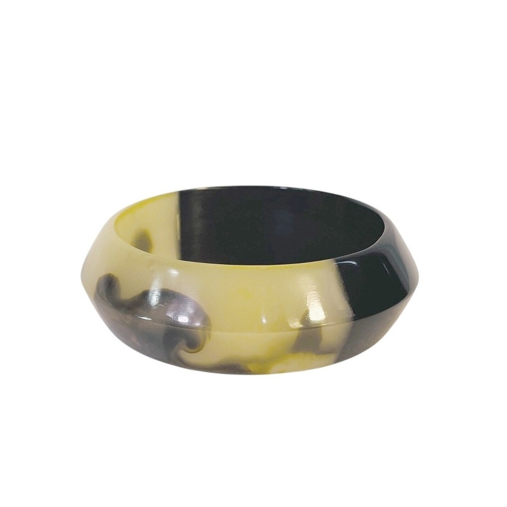 Vintage Chunky Mod Lucite Bangle Bracelet Black Amber Marbled Acrylic Statement - Picture 9 of 14